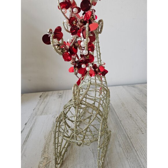 Pier 1 metal glitter gold sequin reindeer deer red decor centerpiece sparkle - Picture 6 of 11